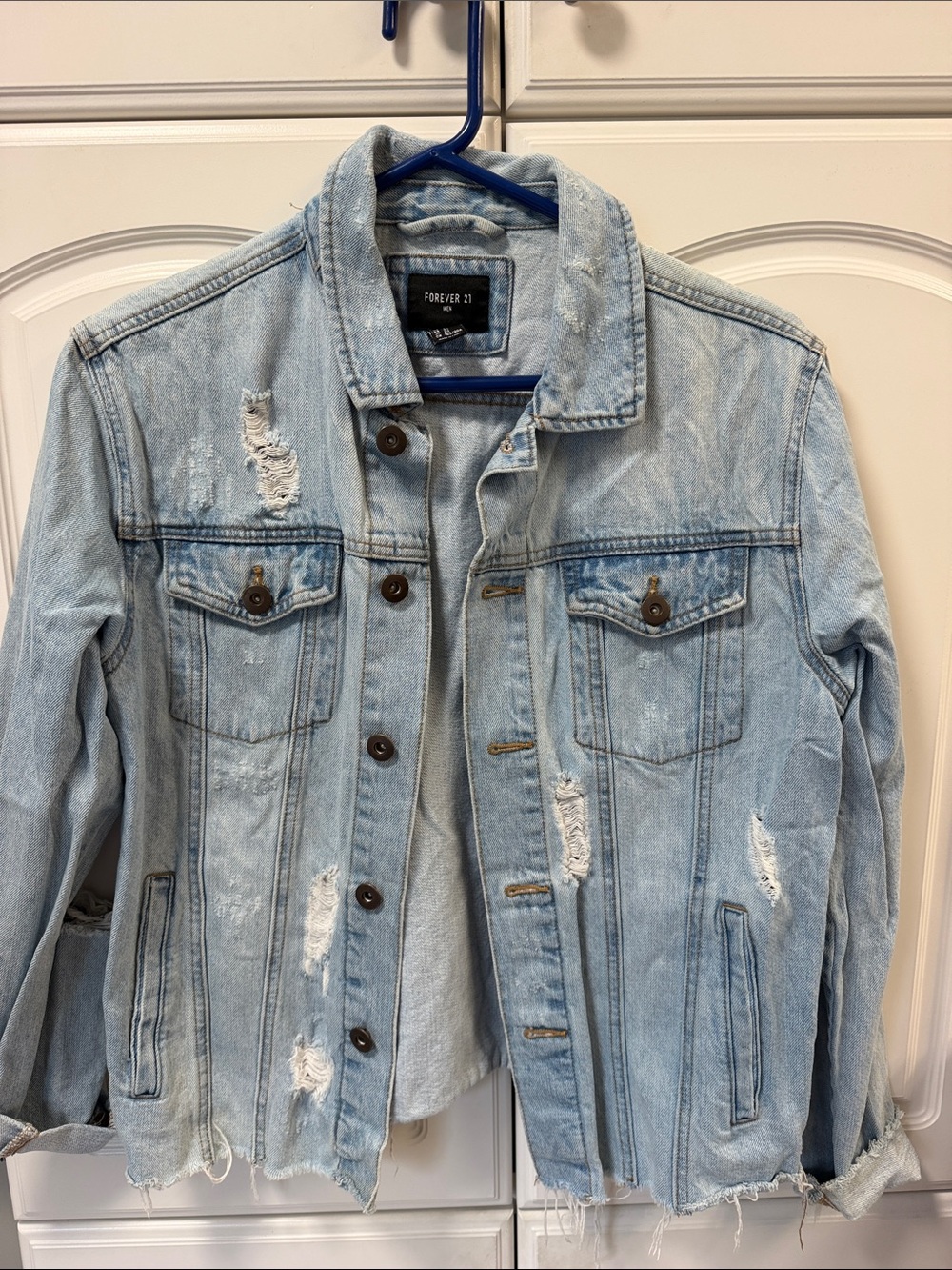 Forever 21 men Washed Light Blue Distressed Denim Trucker Jacket
